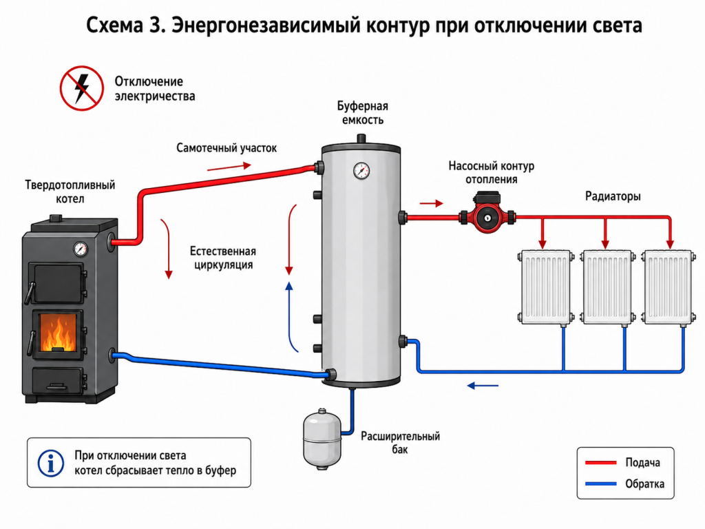 Обвязка твердотопливного котла - схема 3 Обвязка твердотопливного котла - схема 3