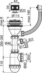 Сифон для мойки с нержавеющей peшeткой DN115, гофропереливом и штуцером AlcaPlast A447P-DN50/40