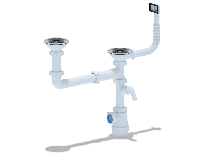 Сифон для мойки АНИПласт Грот A7700S 3 1/2 дюйма 40 мм двойной разноуровневый с гибким переливом и отводом для стиральной машины (A7700S)