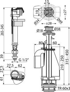 Выпускной комплект с двойной кнопкой, впускной механизм  AlcaPlast SA08ASK 1/2" CHROM