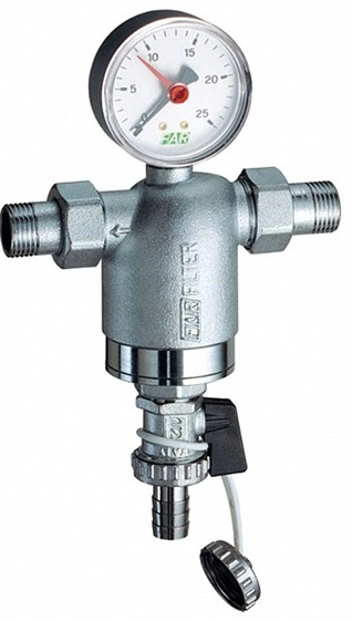 Фильтр 1/2" НР-НР, с манометром, 100мкм, Max: 95 °C, 25 бар FAR FA 3944 12100