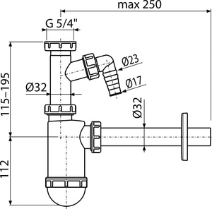 Сифон для умывальника DN32 c накидной гайкой и штуцером 5/4" AlcaPlast A430P