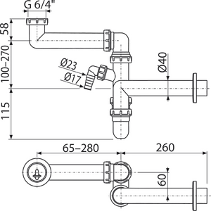 Cифон для умывальника экономящий пространство со штуцером и с накидной гайкой 6/4" AlcaPlast A872P