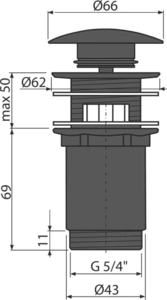 Донный клапан сифона AlcaPlast  A392BLACK для умывальника CLICK/CLACK 5/4″, цельнометаллический с переливом и большой черной заглушкой