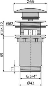 Донный клапан сифона AlcaPlast A392C для умывальника CLICK/CLACK 5/4″, цельнометаллический с переливом и большой заглушкой