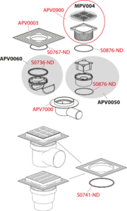 Сливной трап AlcaPlast APV13 150×150/110 мм прямой сток, решетка из нержавеющей стали, воротник изоляции 2–го уровня, гидрозатвор мокрый
