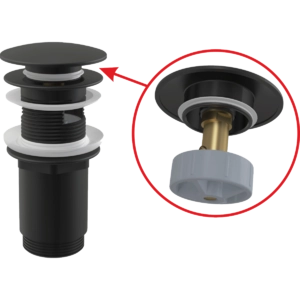 Донный клапан сифона AlcaPlast  A392BLACK для умывальника CLICK/CLACK 5/4″, цельнометаллический с переливом и большой черной заглушкой