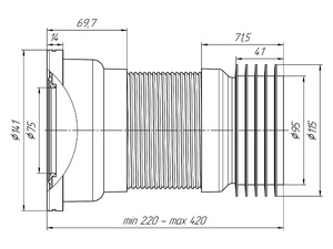 Удлинитель гибкий для унитаза АНИПласт K918 с металлической спиралью выпуск 110 мм 220-420 мм (K918)