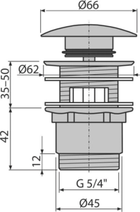 Донный клапан сифона AlcaPlast A390 для умывальника CLICK/CLACK 5/4″, цельнометаллический с переливом и бальшой заглушкой