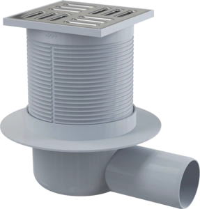 Сливной трап AlcaPlast APV1 105×105/50 мм боковой сток, решетка из нержавеющей стали, гидрозатвор мокрый