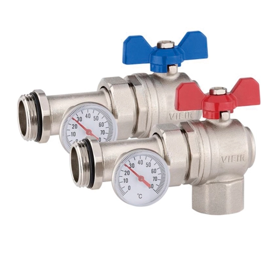 Кран шаровой угловой с полусгоном и термометром VIEIR 1″ (VR1105)