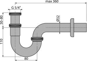 Сифон для умывальника DN32, U-форма с накидной гайкой 5/4", металл AlcaPlast A432