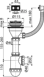 Сифон для мойки с нержавеющей peшeткой DN115, гофропереливом AlcaPlast A447-DN50/40
