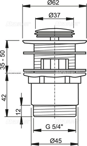 Донный клапан сифона AlcaPlast A39 для умывальника CLICK/CLACK 5/4″, цельнометаллический с переливом и малой заглушкой