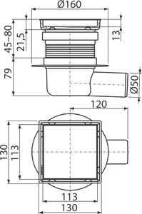 Сливной трап AlcaPlast APV140S 130×130 мм боковой сток, двусторонняя решетка из нержавеющей стали, гидрозатвор комбинированный SMART