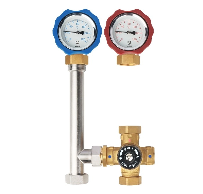 Насосная группа с четырехходовым термостатическим смесительным клапаном KVS 2.5 (25°-55°), 1"x3/4" VIEIR без насоса (VR223)