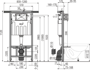Скрытая система инсталляции для сухой установки (для гипсокартона) Sadromodul Alcaplast AM102/1120