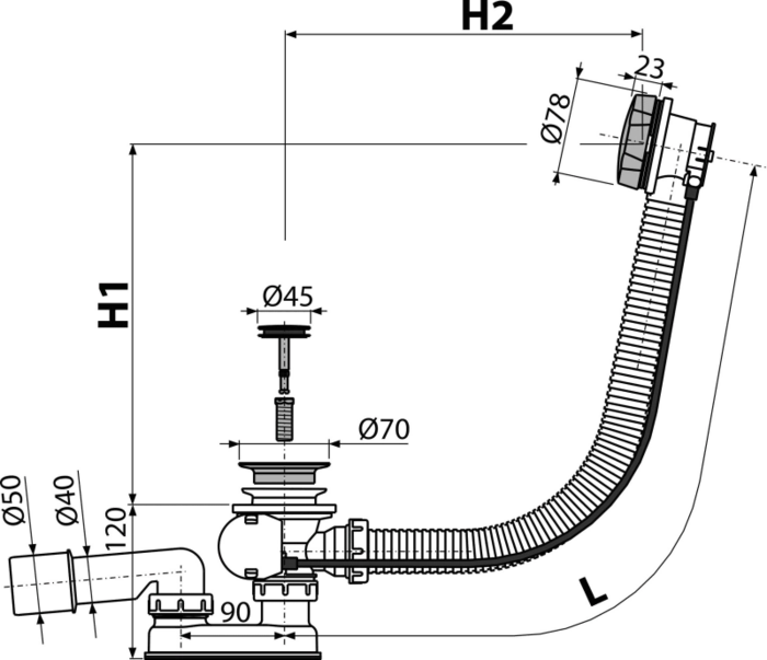 Сифон для ванны автомат, металл AlcaPlast A55K-80-VE-01